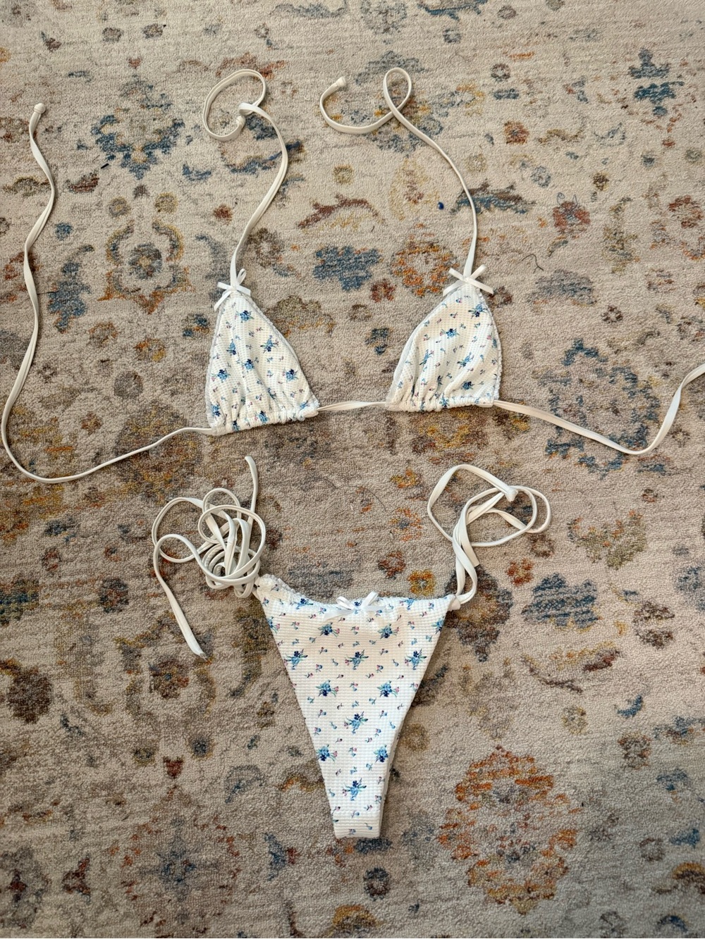 Frankie's Bikinis Cream Floral Smocked Triangle Top and Tie-Side Bottoms